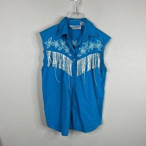 Dakota Rodeo‎ Women Embroidered Button Down Shirt Sleeveless Blue Medium Fringe